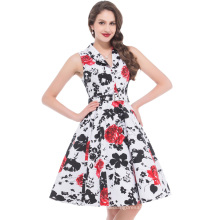 Bello Poque Stock Sleeveless Sleeveless Lapel Collar Floral Printed 50s Retro Vintage Cotton Dress BP000003-4